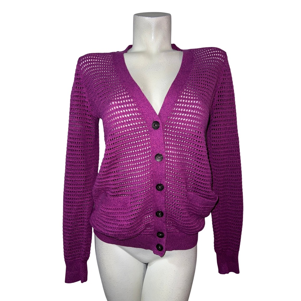 Fossil Magenta Purple Open Knit Cotton Cardigan Sweater Small V-Neck Button Up